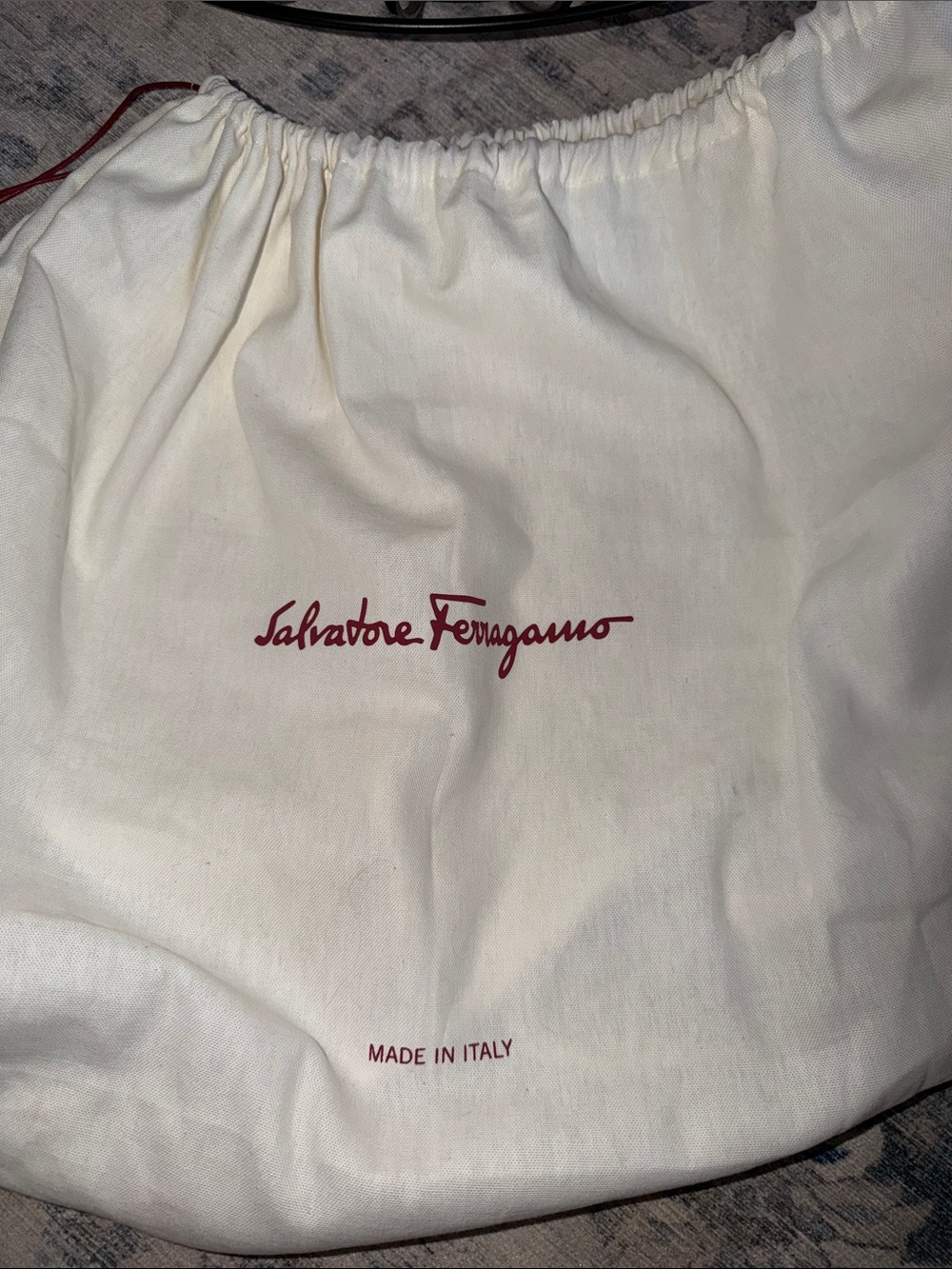 Salvatore Ferragamo Cream Drawstring Dust Bag with Red Logo